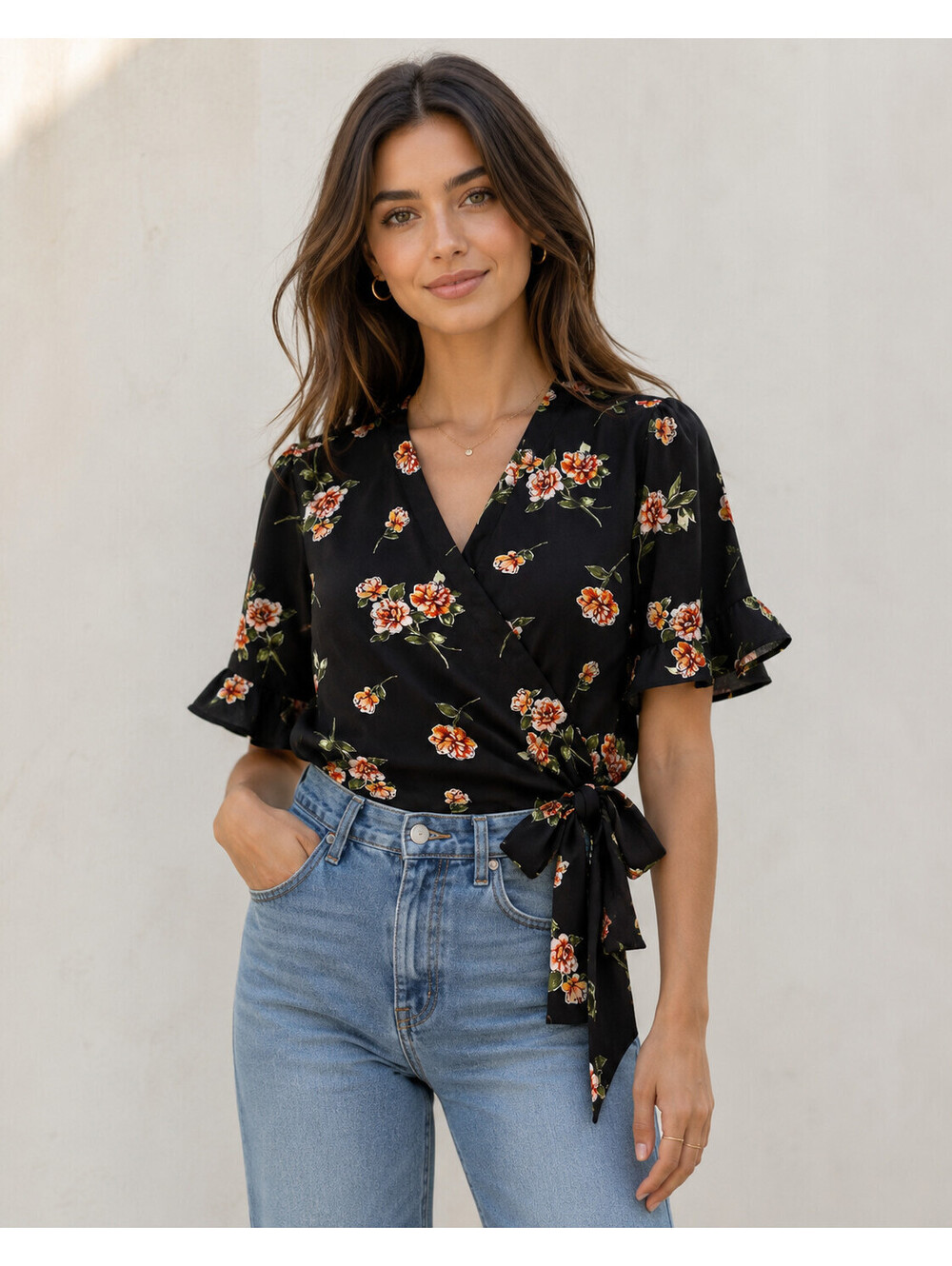 Lush Wrap Top Womens M Black Floral Tie Side Short Sleeve Blouse Boho Kimono